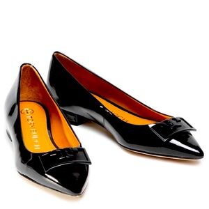 Tory Burch Black Patent Leather Bow Tie Flats with “T” in Bow Center.